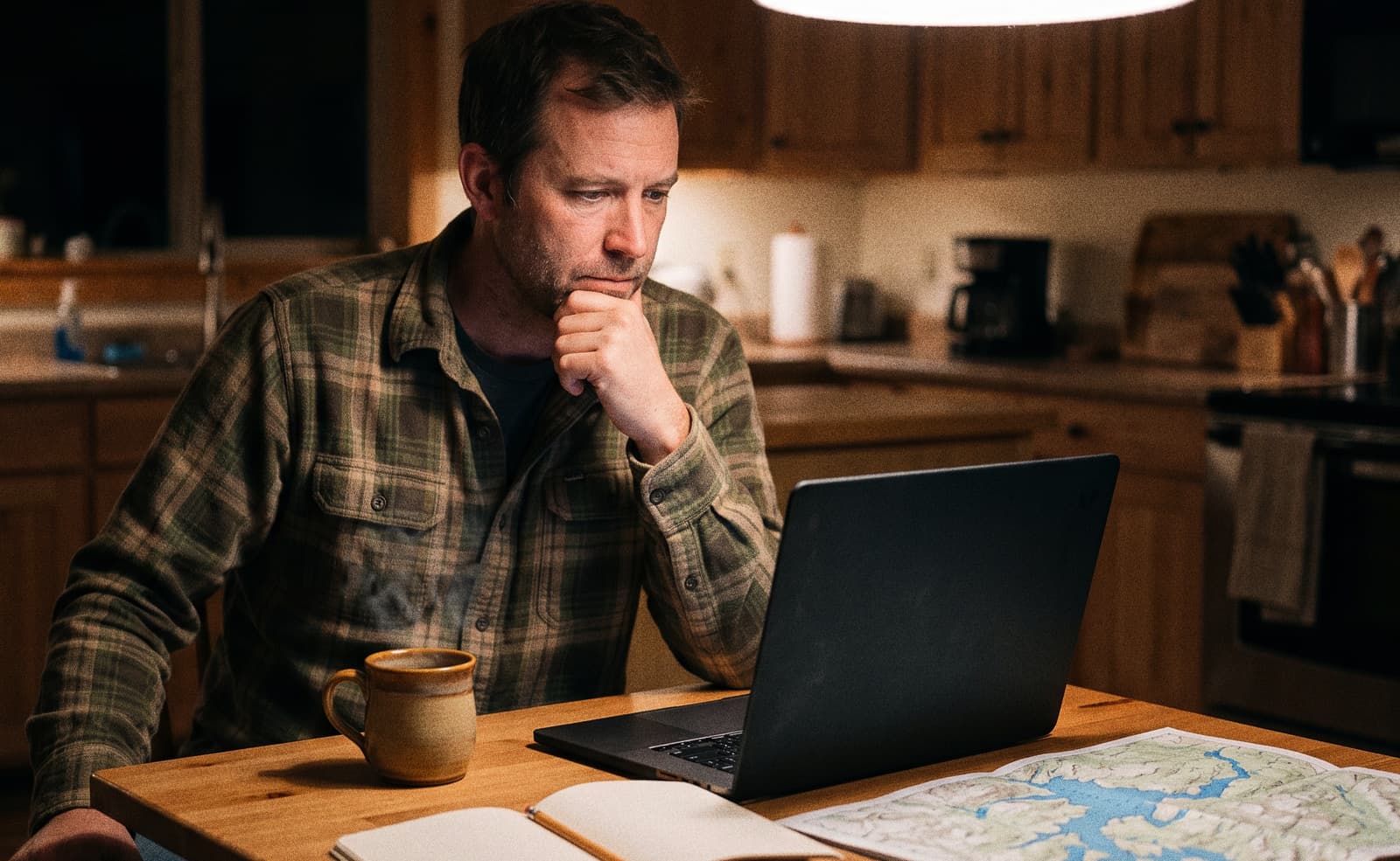 Angler planning a fishing trip on a laptop at the kitchen table